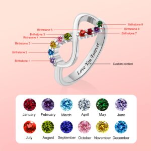 QWBV NELO Personalized 925 Sterling Silver Infinity Ring Birthstone Rings Custom Mother Family Rings Love Forever Ring with 1-9 Birthstone Engraved Name Ring Gifts for Mother Women Grandma Her