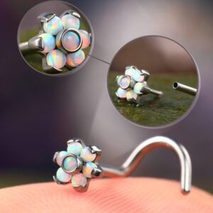 OUFER 20G Nose Studs, Flower Designed White Opal Paved Push-in Nose Rings, G23 Solid Titanium Nose Screw Studs, Nostril Piercing Jewelry for Women and Men