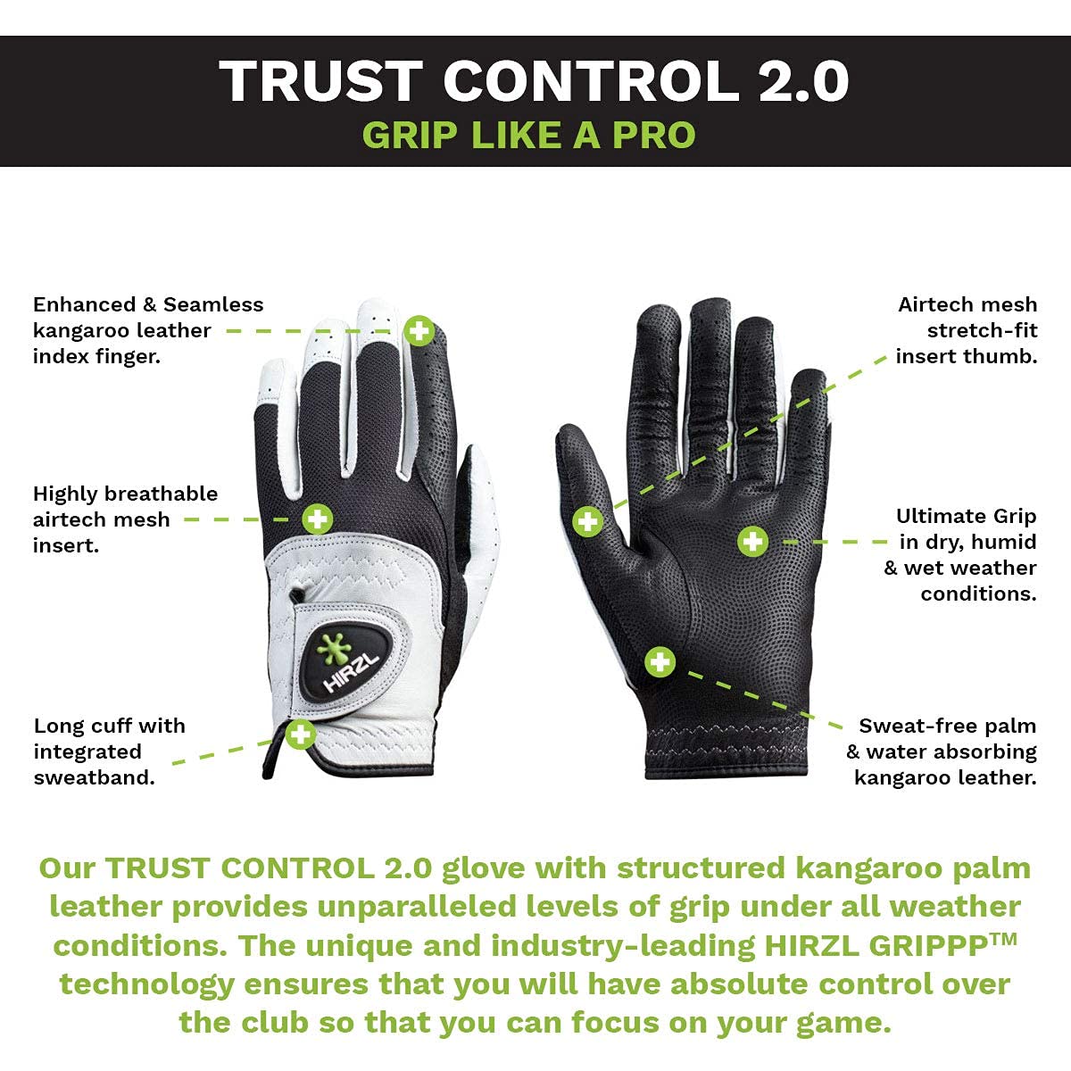 HIRZL Trust Hybrid – Men’s All Weather Golf Glove | Kangaroo Leather - Ultimate Grip and Ergonomic Fit | (White/Black) | Medium Large, Worn on Left Hand - (Pack of 3)