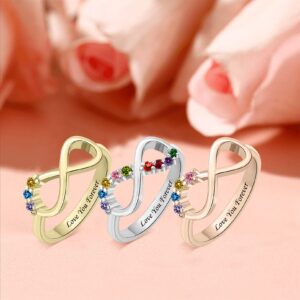 QWBV NELO Personalized 925 Sterling Silver Infinity Ring Birthstone Rings Custom Mother Family Rings Love Forever Ring with 1-9 Birthstone Engraved Name Ring Gifts for Mother Women Grandma Her