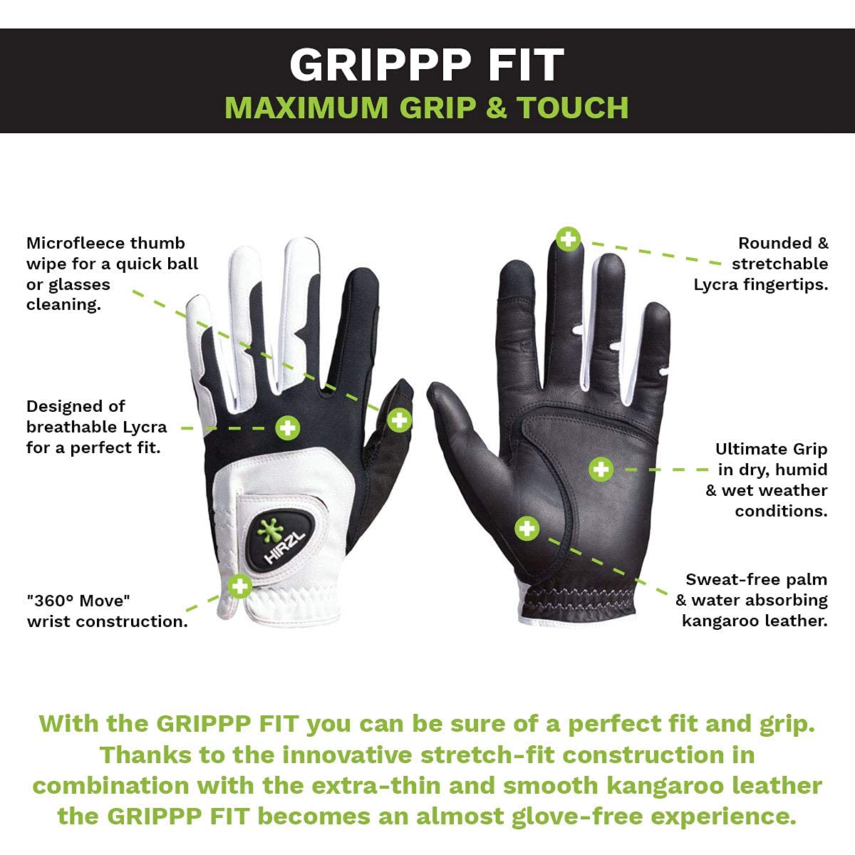 HIRZL GRIPPP FIT – Men's All-Weather Golf Glove (White/Black) | Kangaroo Leather| Ultimate Grip, Large/Extra Large, Worn on Right Hand (Pack of 3)