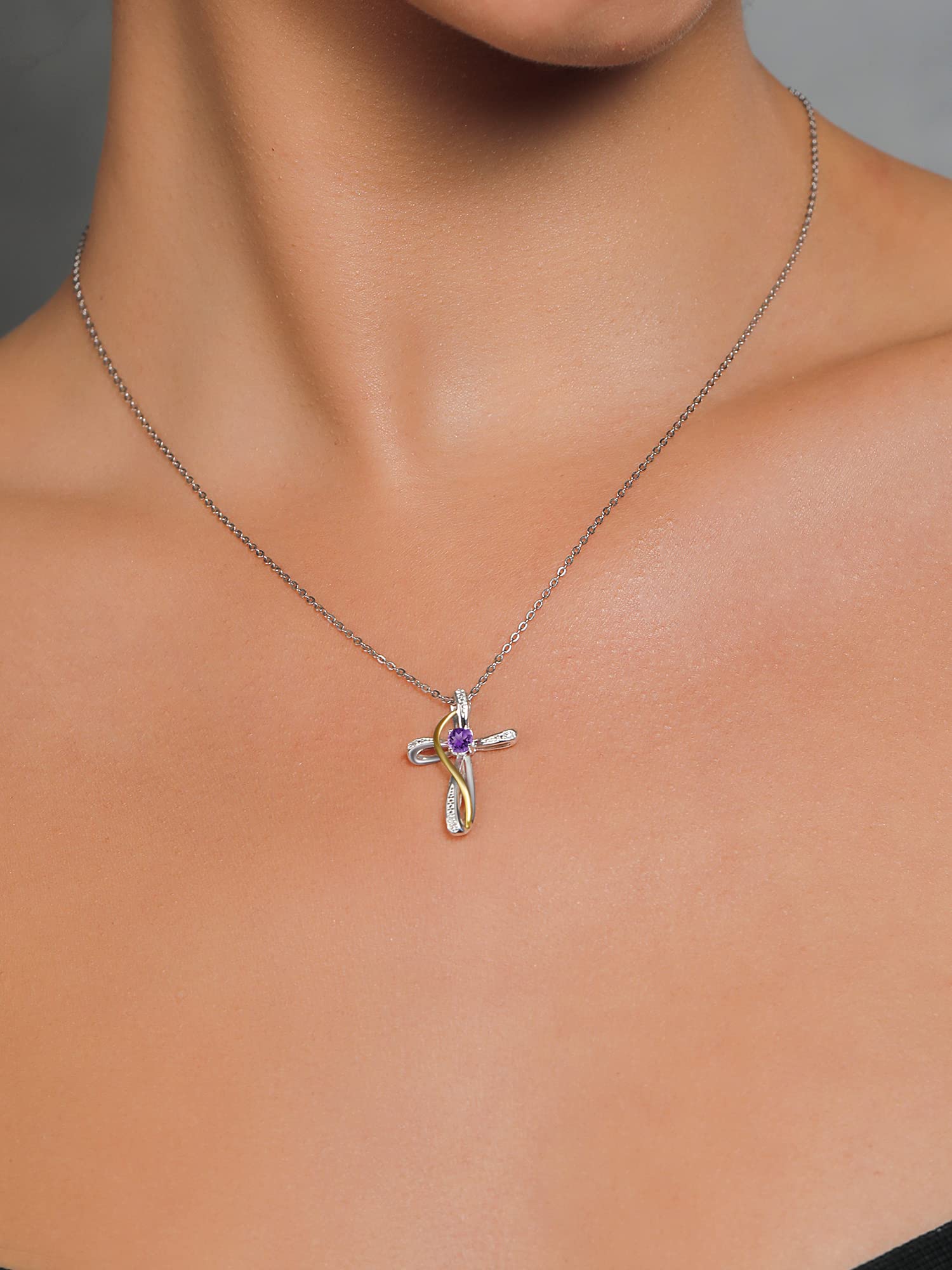 Gem Stone King Infinity Cross Necklace For Women | 925 Sterling Silver and 10K Yellow Gold | Gemstone Birthstone and White Lab Grown Diamond Cross Faith Pendant Necklace | with 18 Inch Chain