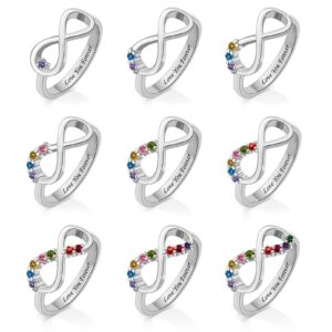 QWBV NELO Personalized 925 Sterling Silver Infinity Ring Birthstone Rings Custom Mother Family Rings Love Forever Ring with 1-9 Birthstone Engraved Name Ring Gifts for Mother Women Grandma Her