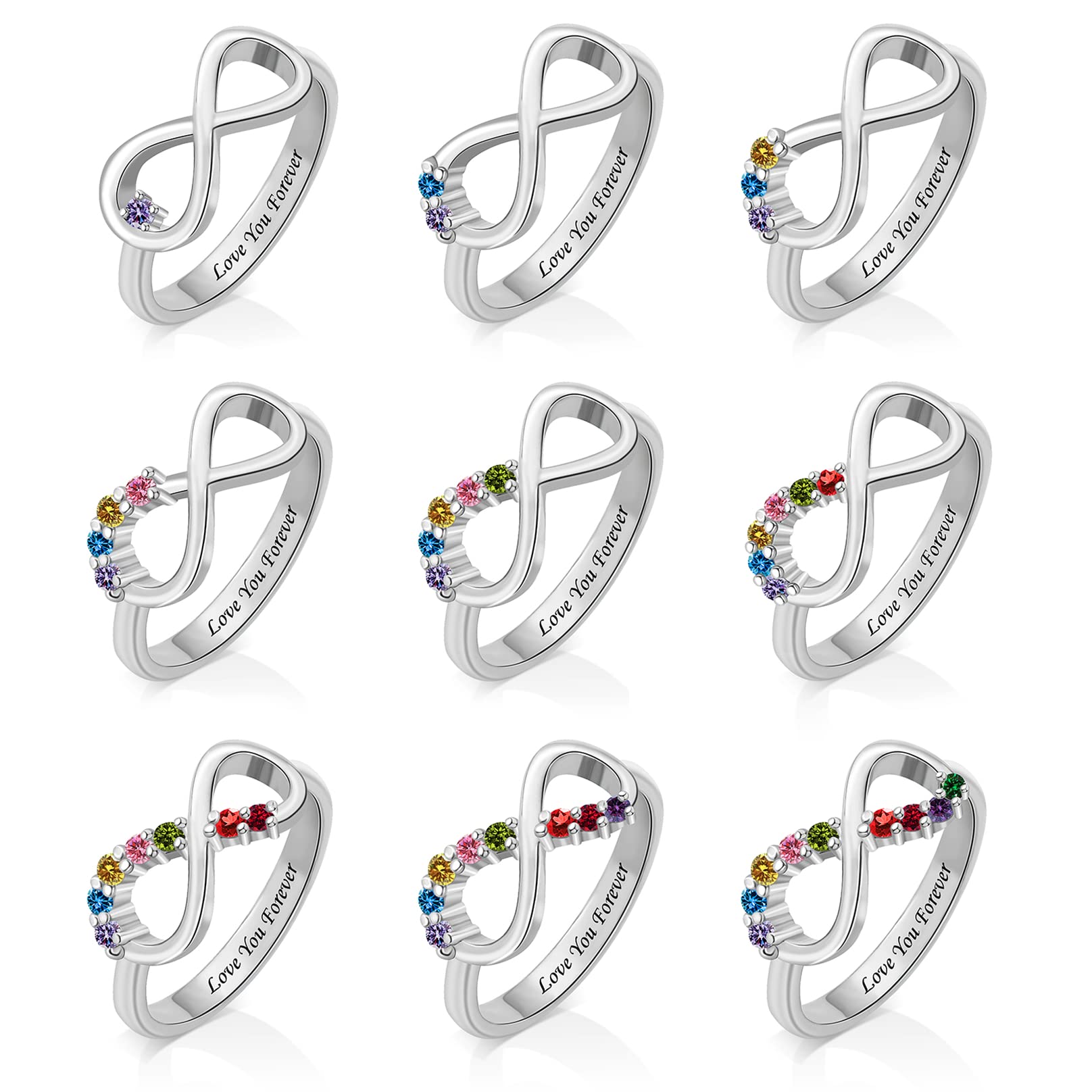 QWBV NELO Personalized 925 Sterling Silver Infinity Ring Birthstone Rings Custom Mother Family Rings Love Forever Ring with 1-9 Birthstone Engraved Name Ring Gifts for Mother Women Grandma Her