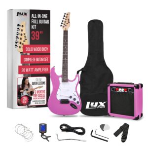 lyxpro 39 inch electric guitar kit bundle with 20w amplifier, all accessories, digital clip on tuner, six strings, two picks, tremolo bar, shoulder strap, case bag starter kit full size - retro purple