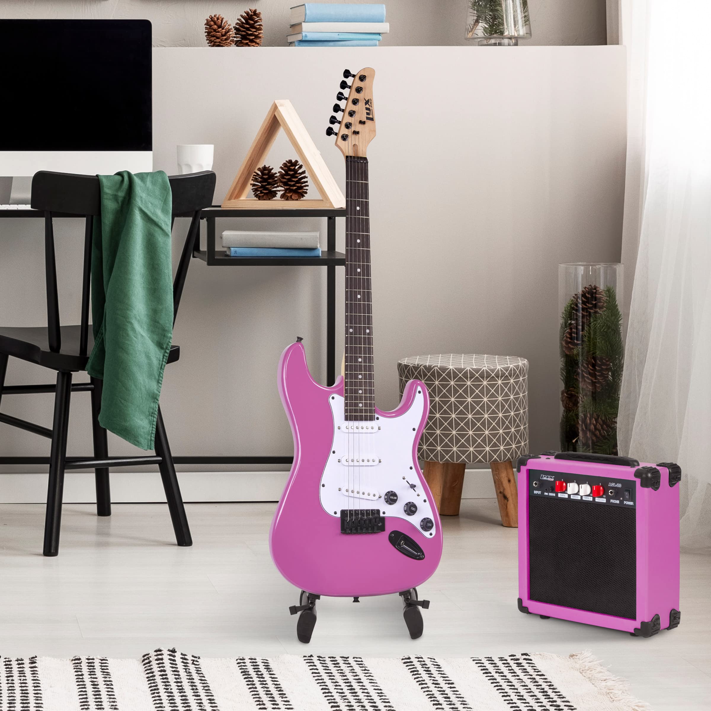 LyxPro 39 inch Electric Guitar Kit Bundle with 20w Amplifier, All Accessories, Digital Clip On Tuner, Six Strings, Two Picks, Tremolo Bar, Shoulder Strap, Case Bag Starter kit Full Size - Retro Purple