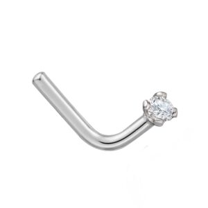 CTIEIP 14K White Gold 0.03 carat Natural Diamonds L-Shaped Nose Ring for Women,20 Gauge（I2-I3 Clarity）