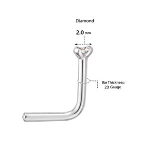 CTIEIP 14K White Gold 0.03 carat Natural Diamonds L-Shaped Nose Ring for Women,20 Gauge（I2-I3 Clarity）