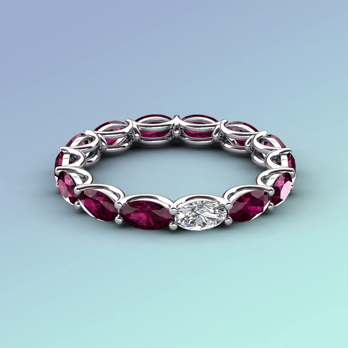 Oval Shape Moissanite & Rhodolite Garnet 4.82 ctw Set In Gorgeous Drape Like Basket Setting Eternity Stackable ring 14K Yellow Gold-9.0