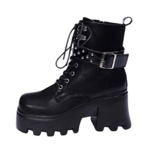 Women's Lace-Up Combat Boots Gothic Platform Mid Calf Wedges Chunky High Heel Round Toe Side Zip Punk Ankle Booties (Black,4)