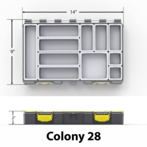 BUZBE Colony 28 Modular, Customizable Waterproof , Dry Box, Plastic Storage Organizer Box, Saltwater Tackle Box, Parts Box, Grey and Yellow