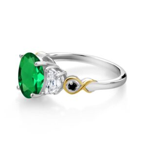 Gem Stone King 925 Silver and 10K Yellow Gold Oval Green Nano Emerald and White Moissanite 3-Stone Ring For Women (2.01 Cttw, Available In Size 5, 6, 7, 8, 9)