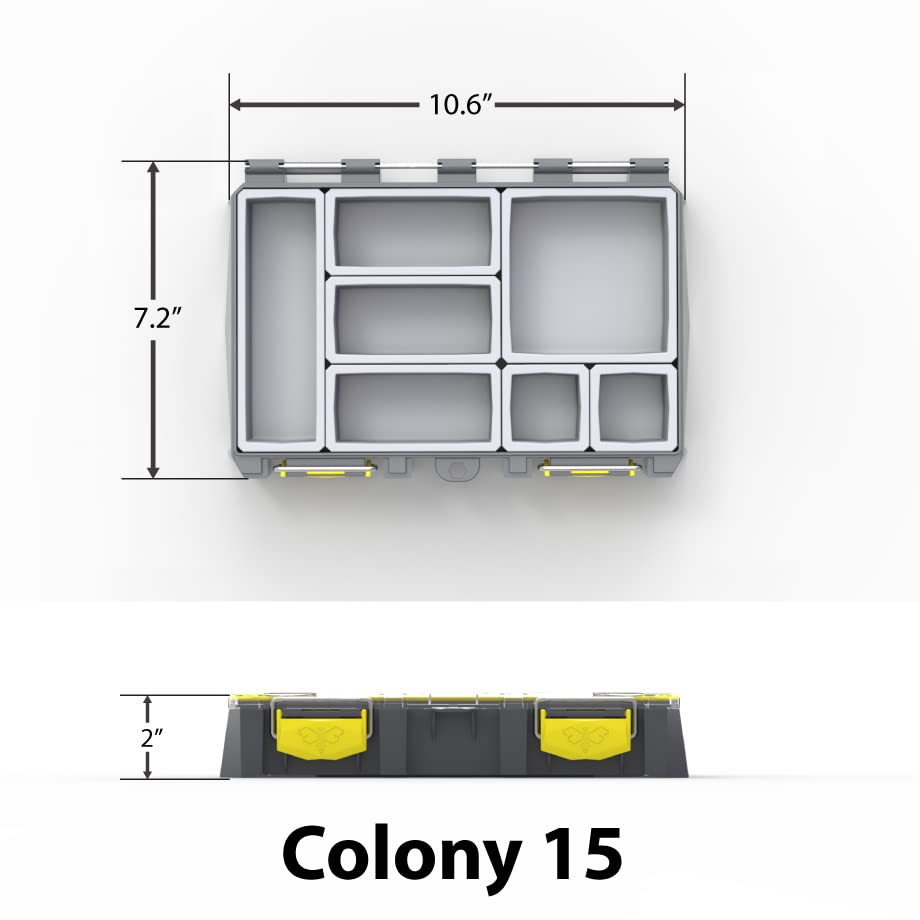 BUZBE Colony 15 Modular Tackle Box, Customizable Waterproof Box, Plastic Organizer Box, Fishing Tackle Storage, Small Parts Box, Grey and Yellow