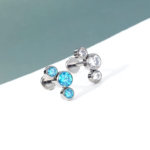 Mooncrush Jewelry G23 Solid Titanium Cartilage Earring Stud 16G Internally Threaded Titanium Helix Earrings Aqua CZ Flat Back Medusa Lip Ring