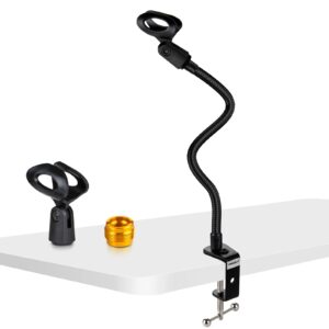 Desktop Mic Stand 13" Flexible Gooseneck Microphone Stand Desk Universal Microphone/Phone Stand Holder with Heavy Duty Desk Clamp, Mic Clip, 3/8" to 5/8" Screw Adapter for Blue Yeti, Shure, Other Mic