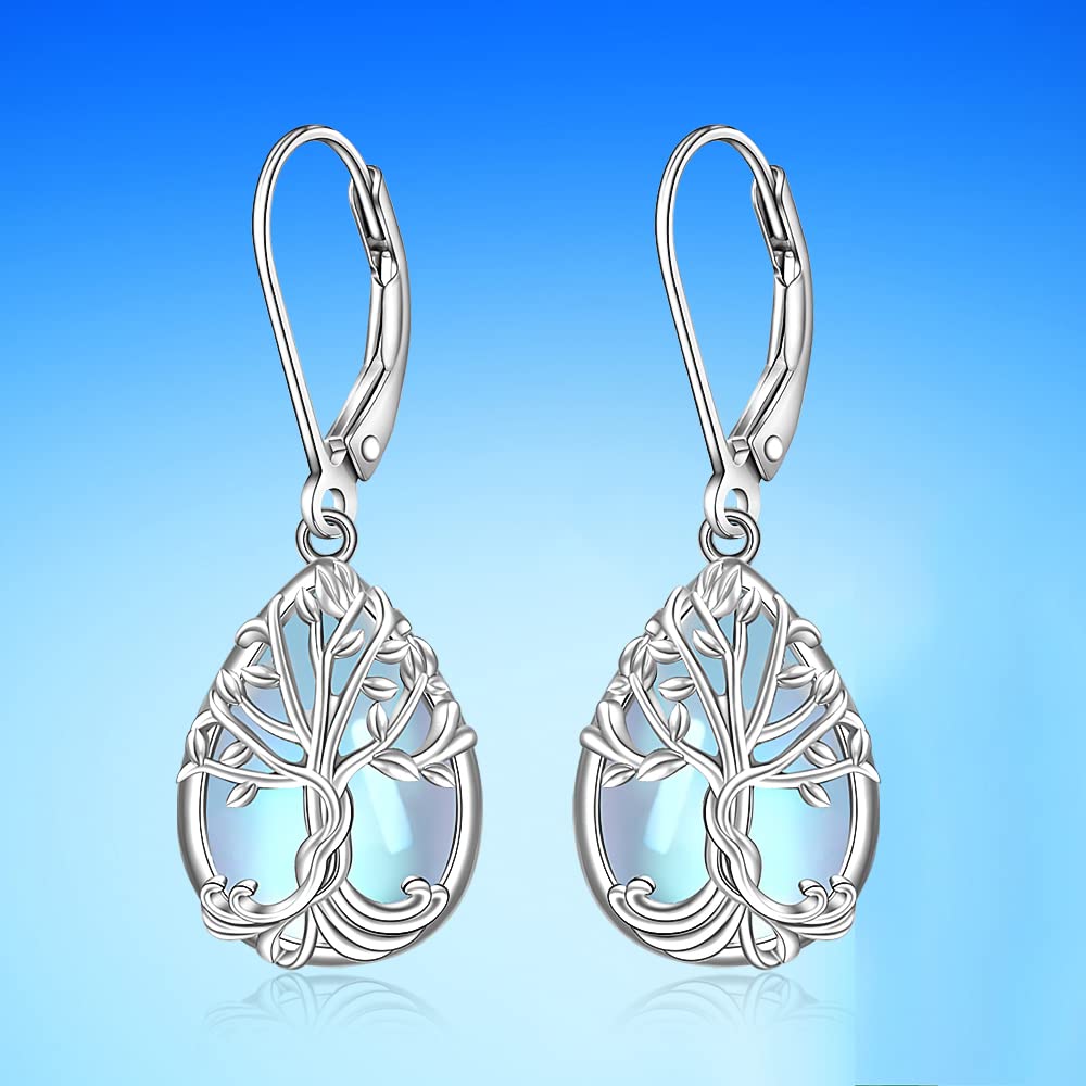 Tree of Life Earrings Moonstone Earrings for Women Sterling Silver 925 Teardrop Moonstone Family Tree Leverback Dangle Jewelry Christmas Valentines Gifts