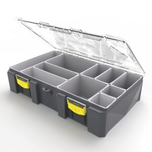 buzbe colony 28d (deep) modular tackle box, waterproof tackle box, customizable fishing box, plastic storage organizer box, saltwater tackle box, parts box, grey and yellow