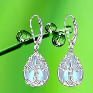 Tree of Life Earrings Moonstone Earrings for Women Sterling Silver 925 Teardrop Moonstone Family Tree Leverback Dangle Jewelry Christmas Valentines Gifts