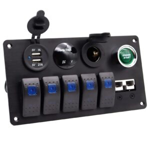 Cigarette Lighter Power Socket Panel, LOKEKE Waterproof 5 Gang Marine Boat Rocker Toggle Switch Panel with Engine Start Push Button + LED Voltmeter + Anderson Connector + Dual USB Socket for RV Truck