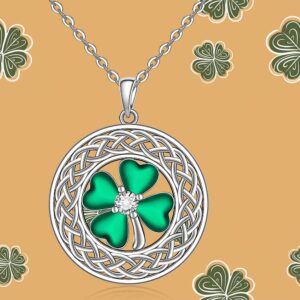 Shamrock Necklace St Patricks Day Four Leaf Clover Necklaces for Women Sterling Silver Celtic Knot Irish Green 4 Leaf Clover Jewelry Pendant Lucky Saint Patricks Gifts