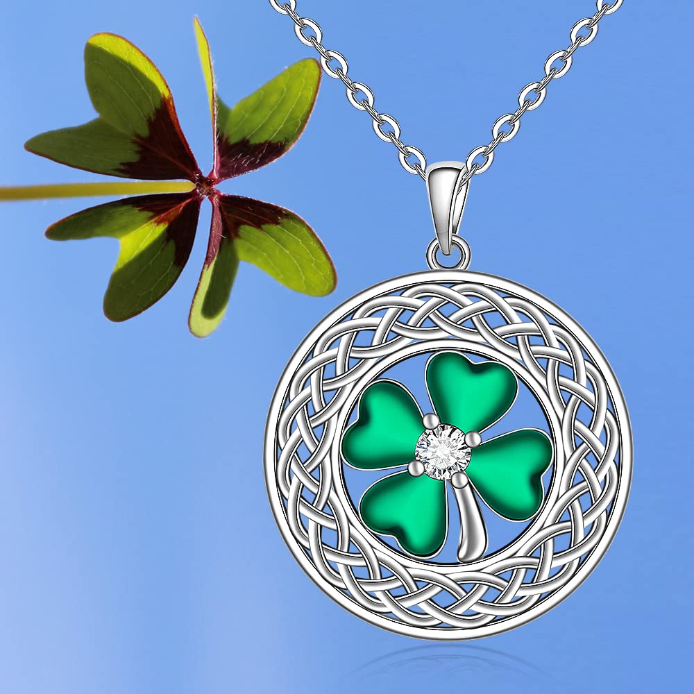 Shamrock Necklace St Patricks Day Four Leaf Clover Necklaces for Women Sterling Silver Celtic Knot Irish Green 4 Leaf Clover Jewelry Pendant Lucky Saint Patricks Gifts