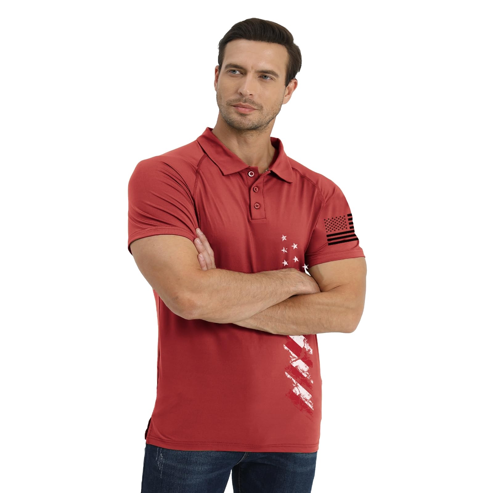 H HYFOL Short Sleeve Polo Shirts for Men Graphic Stretch Casual American Patriotic Raglan Golf Polos for Men(Phenanthrene Red,XL)