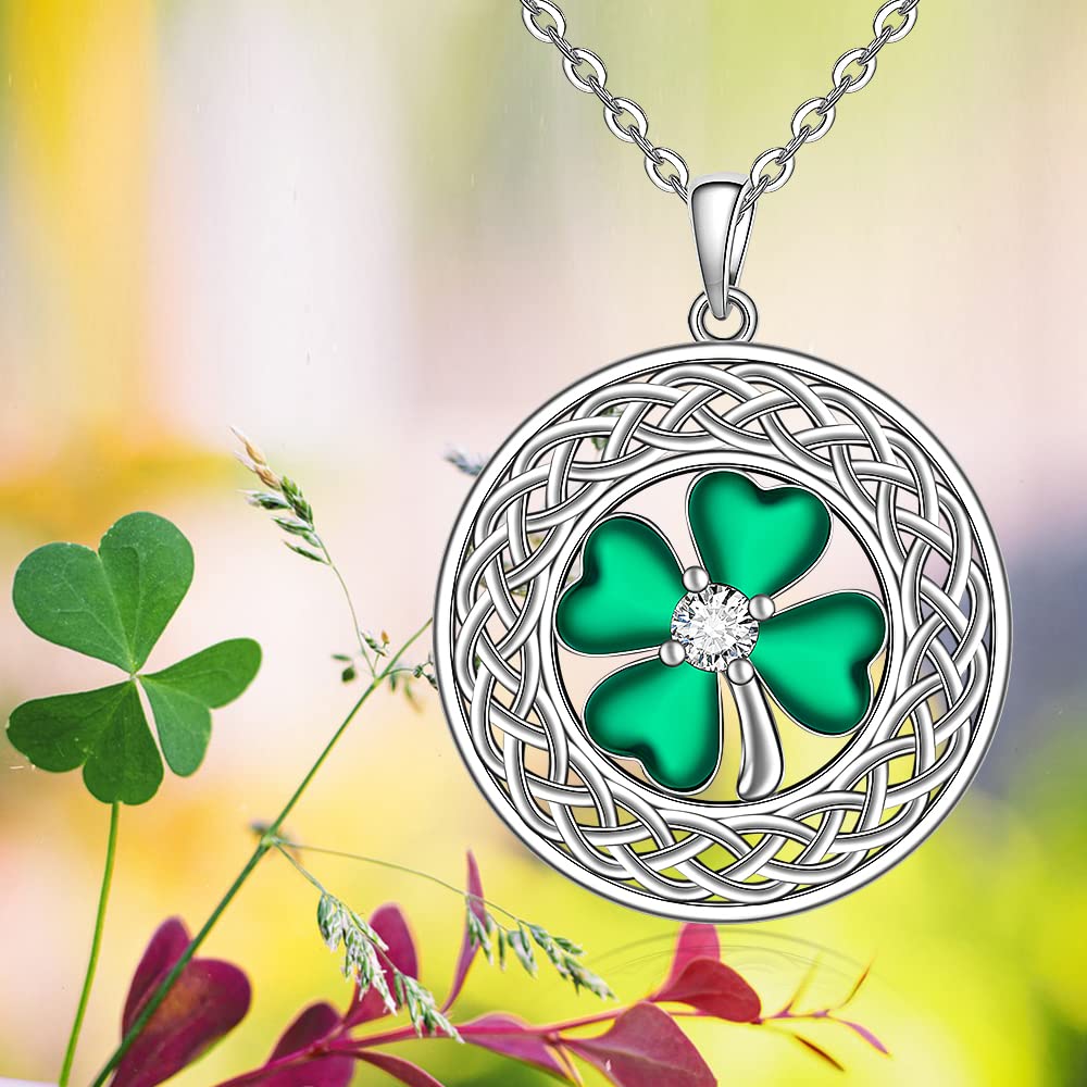 Shamrock Necklace St Patricks Day Four Leaf Clover Necklaces for Women Sterling Silver Celtic Knot Irish Green 4 Leaf Clover Jewelry Pendant Lucky Saint Patricks Gifts