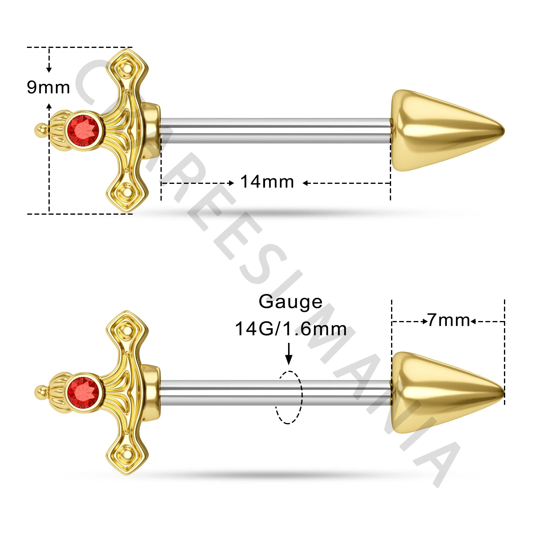 CM Crareesi Mania Dagger Nipple Rings 316L Surgical Steel Gold Nipple Piercing Jewelry 14 Gauge Nipple Jewelry Goth Nipple Rings for Women and Men