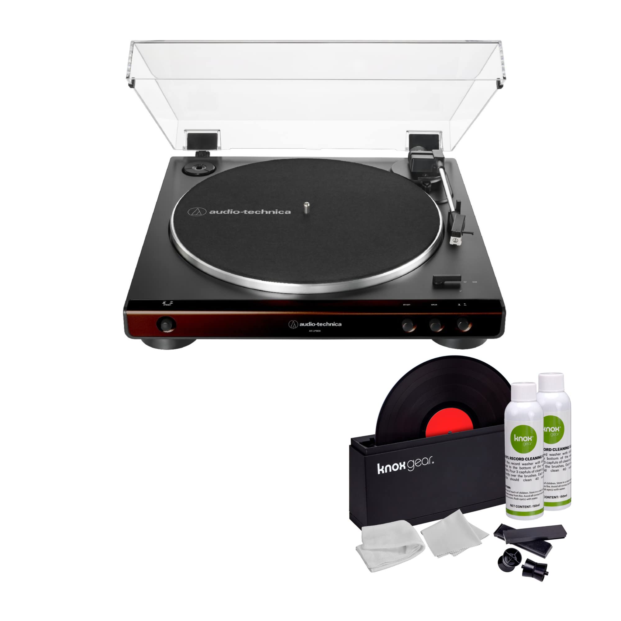 Audio-Technica AT-LP60X Fully Automatic Belt-Drive Stereo Turntable (Brown) Bundle with Vinyl Record Cleaner Kit