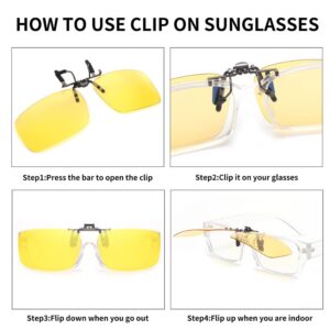 Junsika Polarized Clip On Night Driving Sunlasses for Prescription Glasses Men Women Flip Up Rimless Yellow Sunlasses UV400 Protection