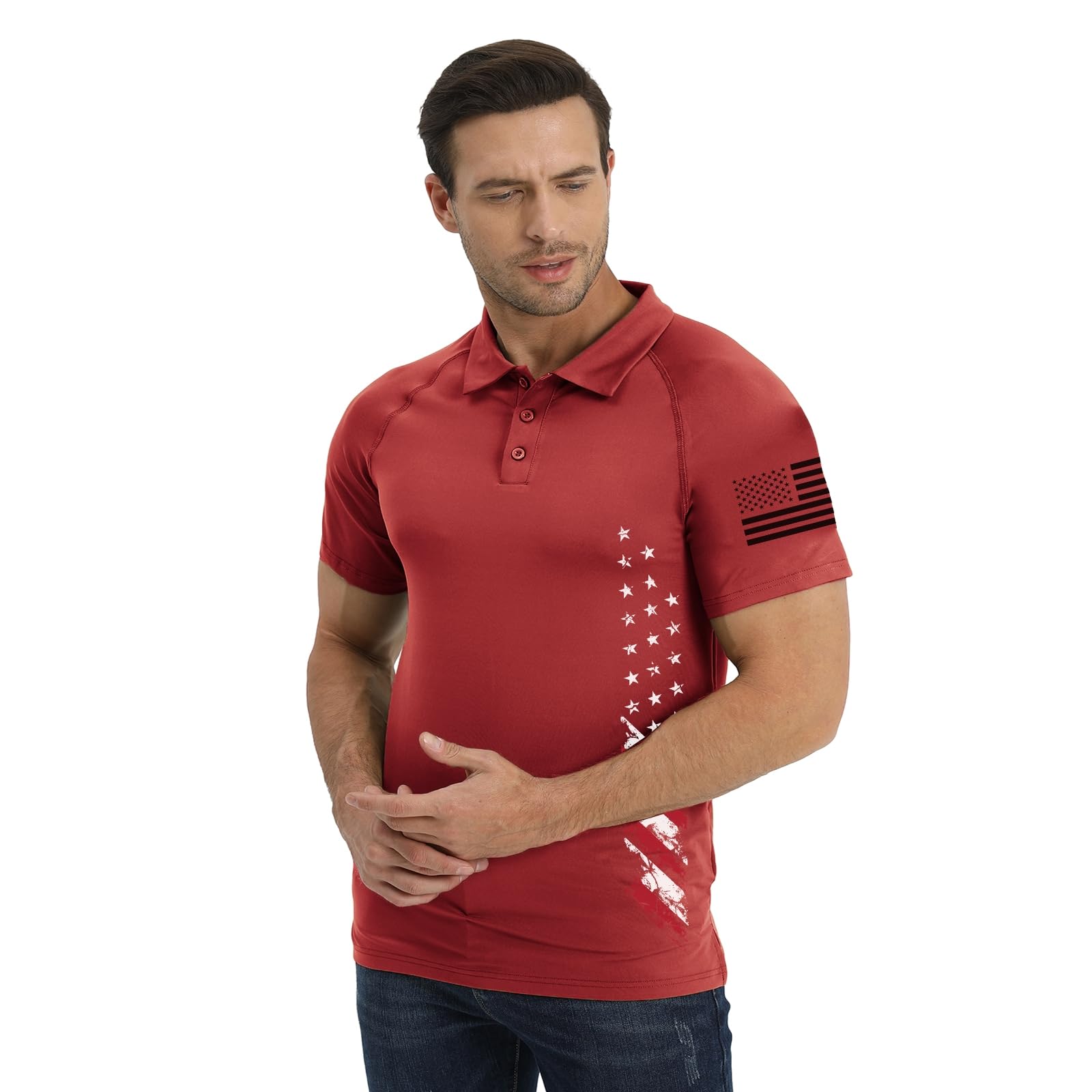 H HYFOL Short Sleeve Polo Shirts for Men Graphic Stretch Casual American Patriotic Raglan Golf Polos for Men(Phenanthrene Red,XL)