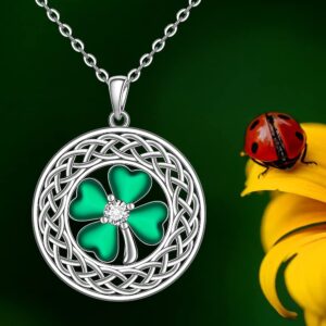 Shamrock Necklace St Patricks Day Four Leaf Clover Necklaces for Women Sterling Silver Celtic Knot Irish Green 4 Leaf Clover Jewelry Pendant Lucky Saint Patricks Gifts