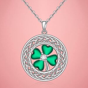 Shamrock Necklace St Patricks Day Four Leaf Clover Necklaces for Women Sterling Silver Celtic Knot Irish Green 4 Leaf Clover Jewelry Pendant Lucky Saint Patricks Gifts