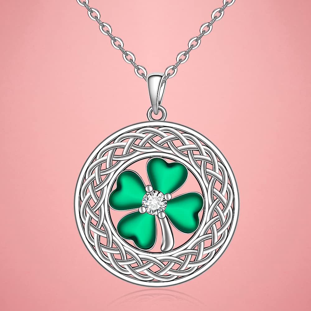 Shamrock Necklace St Patricks Day Four Leaf Clover Necklaces for Women Sterling Silver Celtic Knot Irish Green 4 Leaf Clover Jewelry Pendant Lucky Saint Patricks Gifts