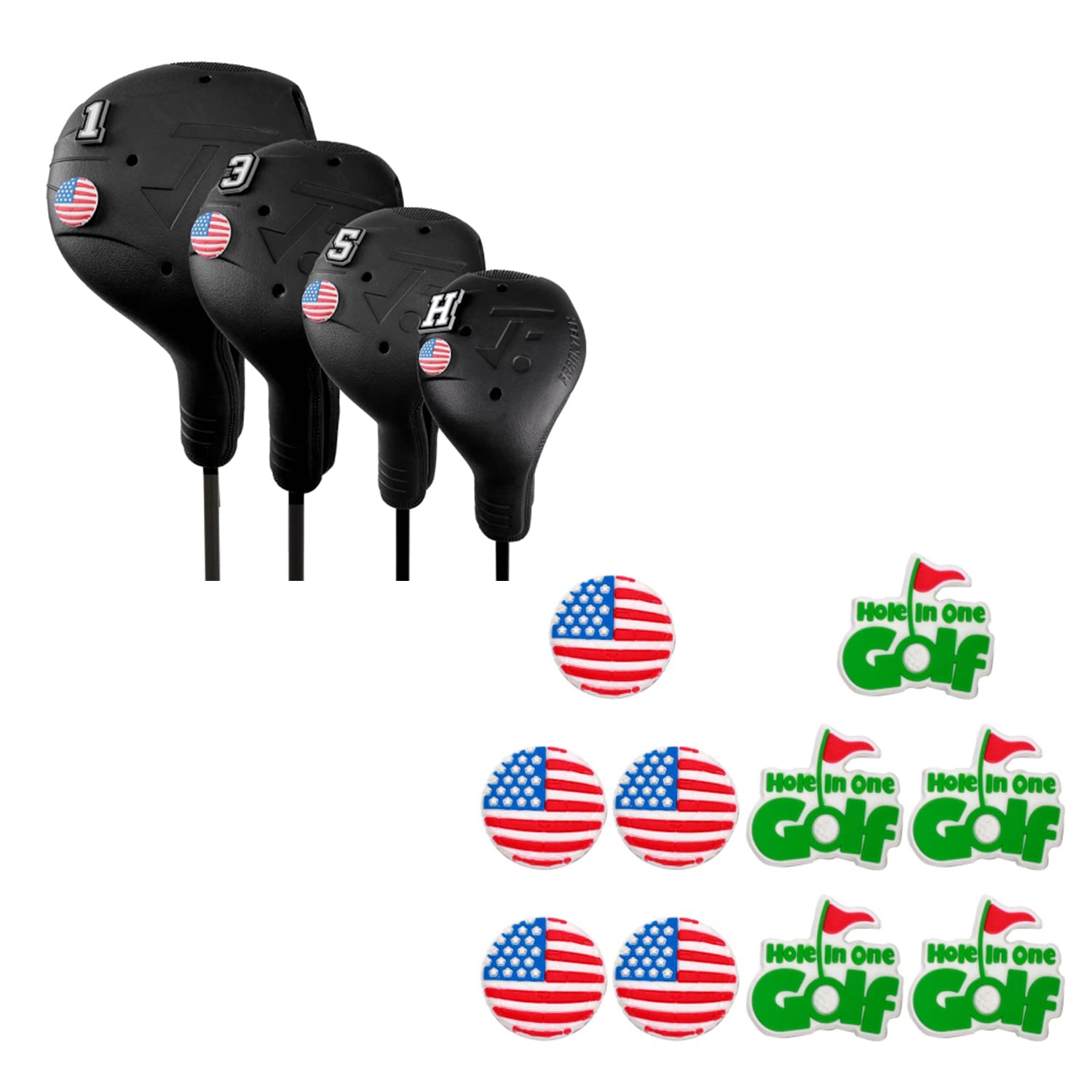 FRANKTECH Golf Club Covers 4pcs and 10pcs USA Flag Pins, Plastic Golf Head Covers for Driver Fairway Woods Hybrid, Driver Headcover Fit All Right-Handed Golf Clubs, Easy On Off, Washable, Funny