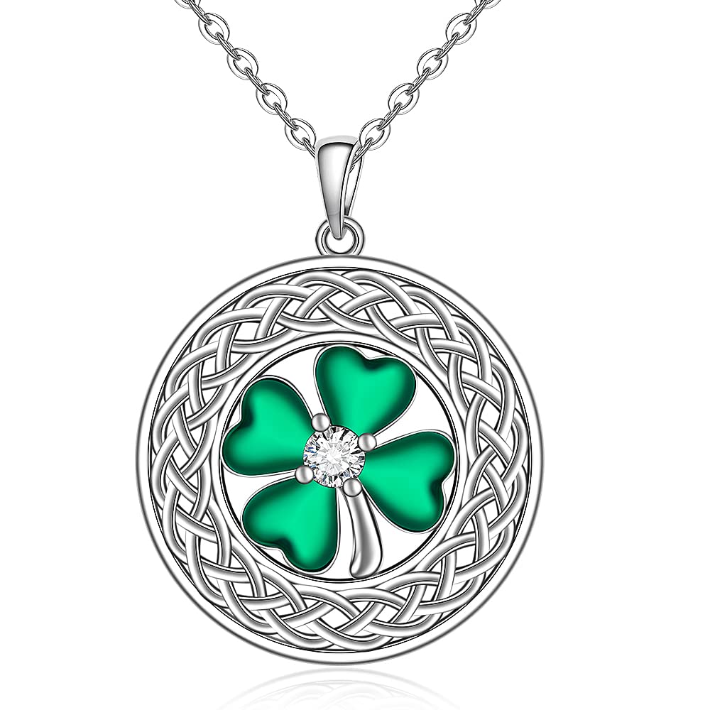 Shamrock Necklace St Patricks Day Four Leaf Clover Necklaces for Women Sterling Silver Celtic Knot Irish Green 4 Leaf Clover Jewelry Pendant Lucky Saint Patricks Gifts