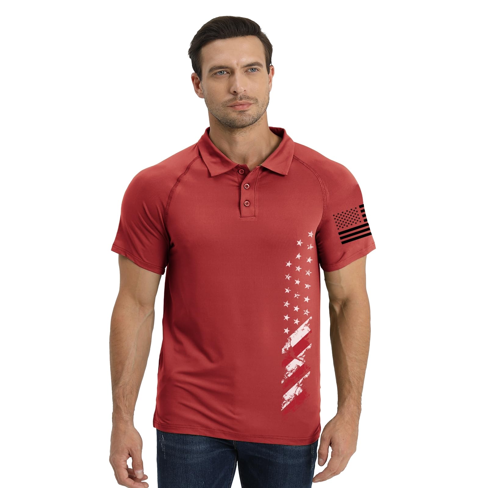 H HYFOL Short Sleeve Polo Shirts for Men Graphic Stretch Casual American Patriotic Raglan Golf Polos for Men(Phenanthrene Red,XL)