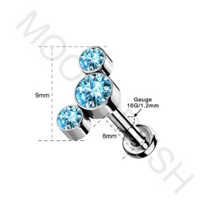 Mooncrush Jewelry G23 Solid Titanium Cartilage Earring Stud 16G Internally Threaded Titanium Helix Earrings Aqua CZ Flat Back Medusa Lip Ring