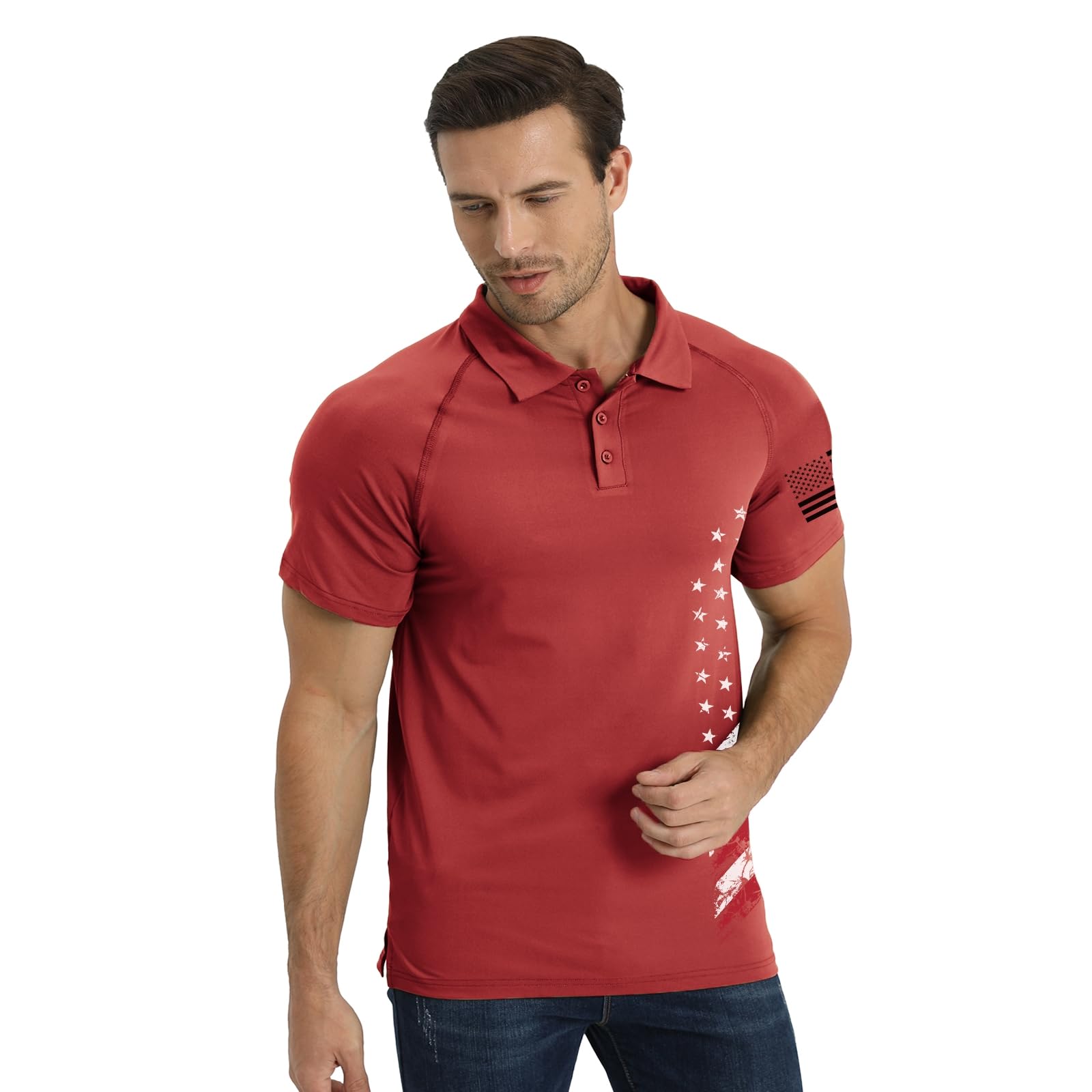 H HYFOL Short Sleeve Polo Shirts for Men Graphic Stretch Casual American Patriotic Raglan Golf Polos for Men(Phenanthrene Red,XL)