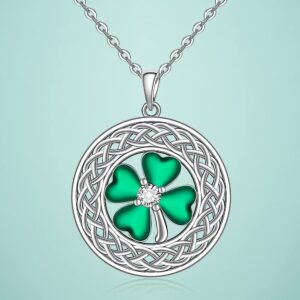 Shamrock Necklace St Patricks Day Four Leaf Clover Necklaces for Women Sterling Silver Celtic Knot Irish Green 4 Leaf Clover Jewelry Pendant Lucky Saint Patricks Gifts