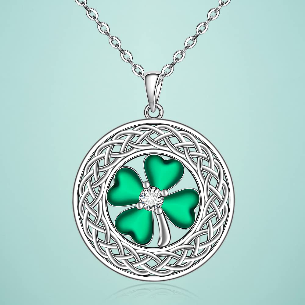 Shamrock Necklace St Patricks Day Four Leaf Clover Necklaces for Women Sterling Silver Celtic Knot Irish Green 4 Leaf Clover Jewelry Pendant Lucky Saint Patricks Gifts