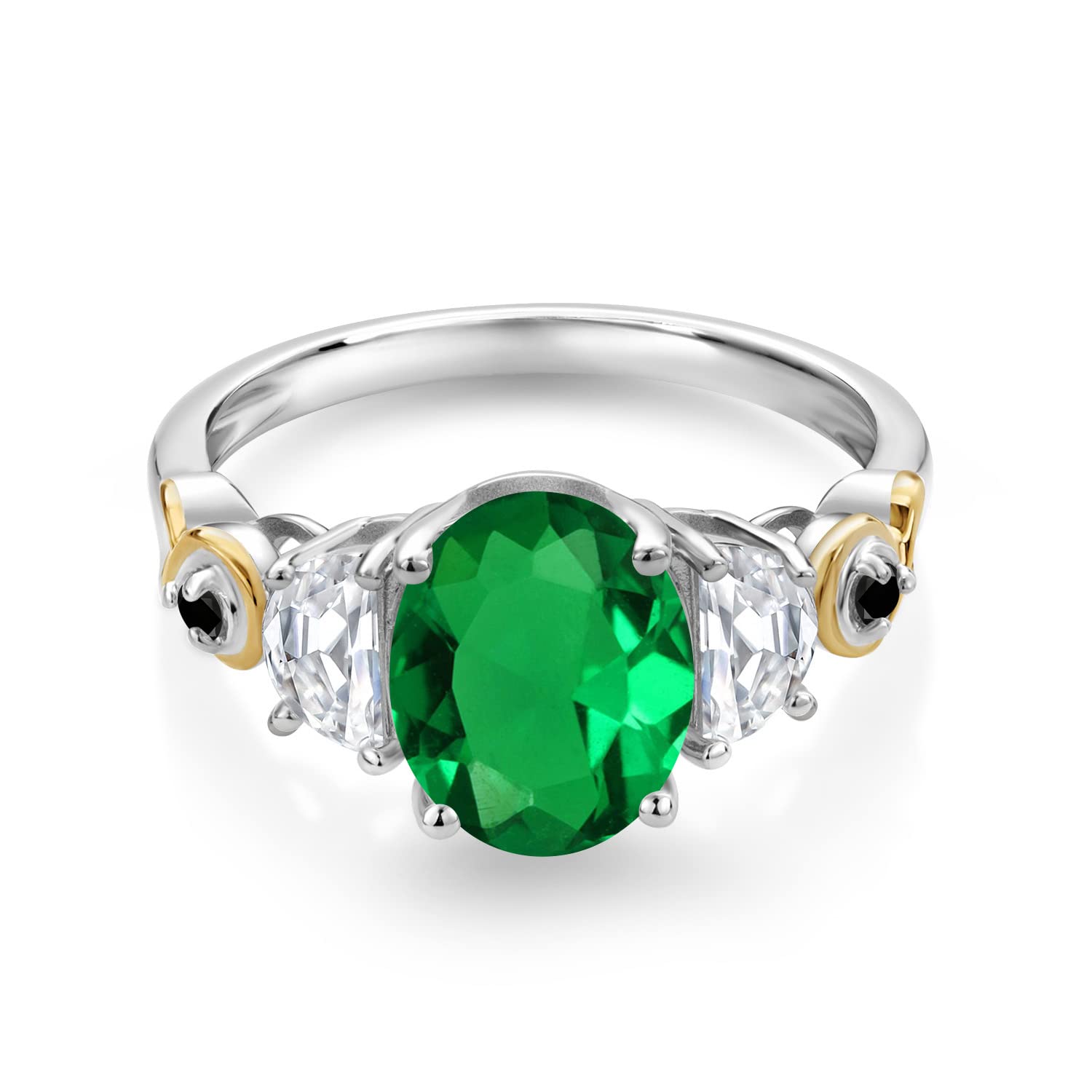 Gem Stone King 925 Silver and 10K Yellow Gold Oval Green Nano Emerald and White Moissanite 3-Stone Ring For Women (2.01 Cttw, Available In Size 5, 6, 7, 8, 9)