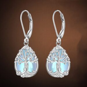 Tree of Life Earrings Moonstone Earrings for Women Sterling Silver 925 Teardrop Moonstone Family Tree Leverback Dangle Jewelry Christmas Valentines Gifts