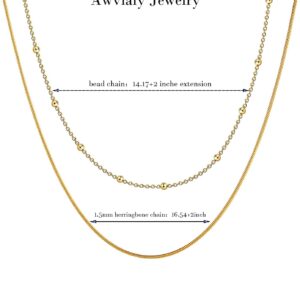 Awvialy Layered Gold Necklaces for Women 14k Gold Plated Beaded Herringbone Necklace Simple Layering Gold Chain Choker Necklaces for Women Cute Dainty Gold Necklace Trendy Gold Jewelry for Women