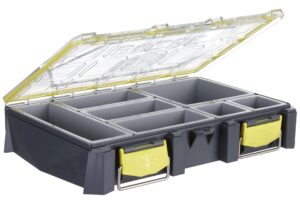 buzbe colony 15 modular tackle box, customizable waterproof box, plastic organizer box, fishing tackle storage, small parts box, grey and yellow