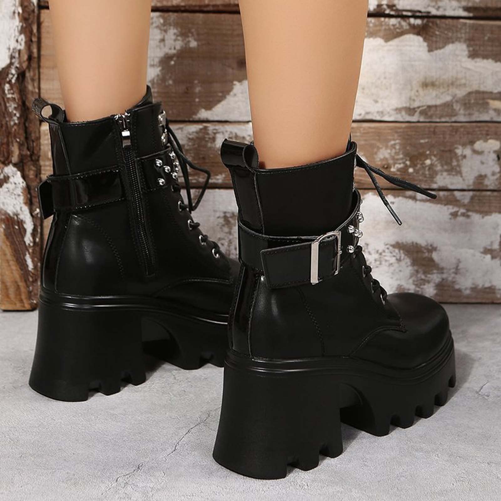 Women's Lace-Up Combat Boots Gothic Platform Mid Calf Wedges Chunky High Heel Round Toe Side Zip Punk Ankle Booties (Black,4)