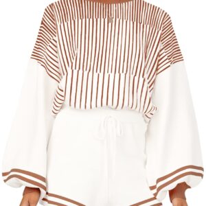 Gihuo Women' s Striped 2 Piece Outfits Crewneck Knit Pullover Sweater Shorts Set Wide Leg Matching Set Loungewear(Brown-M)