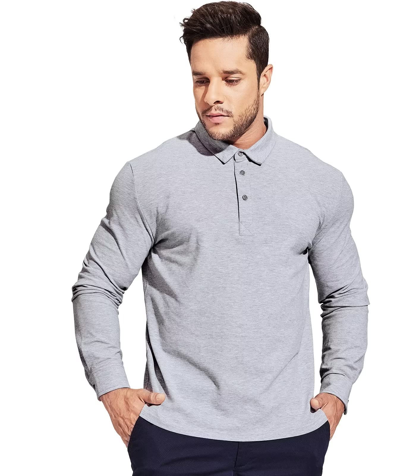 Haimont Polo Shirts for Men Long Sleeve Collared Golf Tshirts, Regular Fit, Heather Grey, L