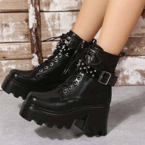 Women's Lace-Up Combat Boots Gothic Platform Mid Calf Wedges Chunky High Heel Round Toe Side Zip Punk Ankle Booties (Black,4)