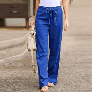 DASAYO Womens Casual Loose Long Pants Linen Sashes Straight Solid Trousers Plus Size Soft Trendy Pant Sweatpants Yoga Tights